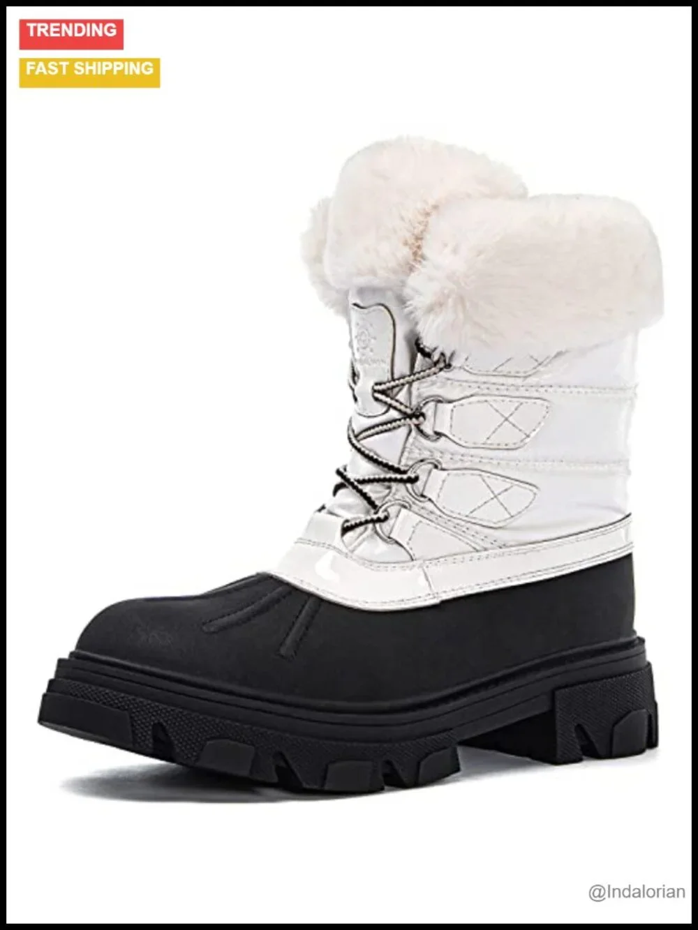 Women's Waterproof Snow Boots with Faux Fur Collar, Fleece Lining, Lace-Up